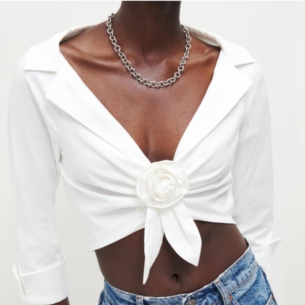 Reformation White Crop Top with Floral Detail